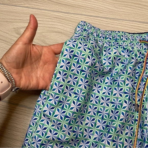 Bugatchi Mid Length 7” Blue Green Geometric Swim Lined Shorts Trunks Mens Size M - Picture 7 of 13